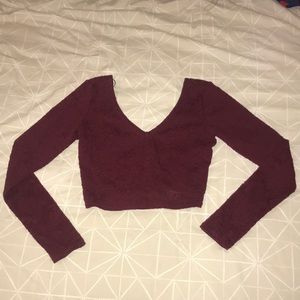 Long Sleeved, V-Neck, Maroon, Lace Crop Top